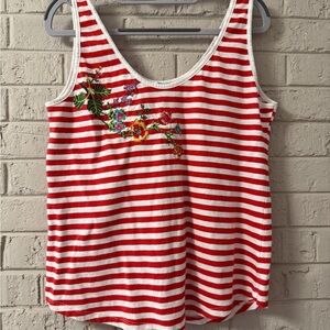 Zara Red and White Striped Tank Top with Floral Embroidery